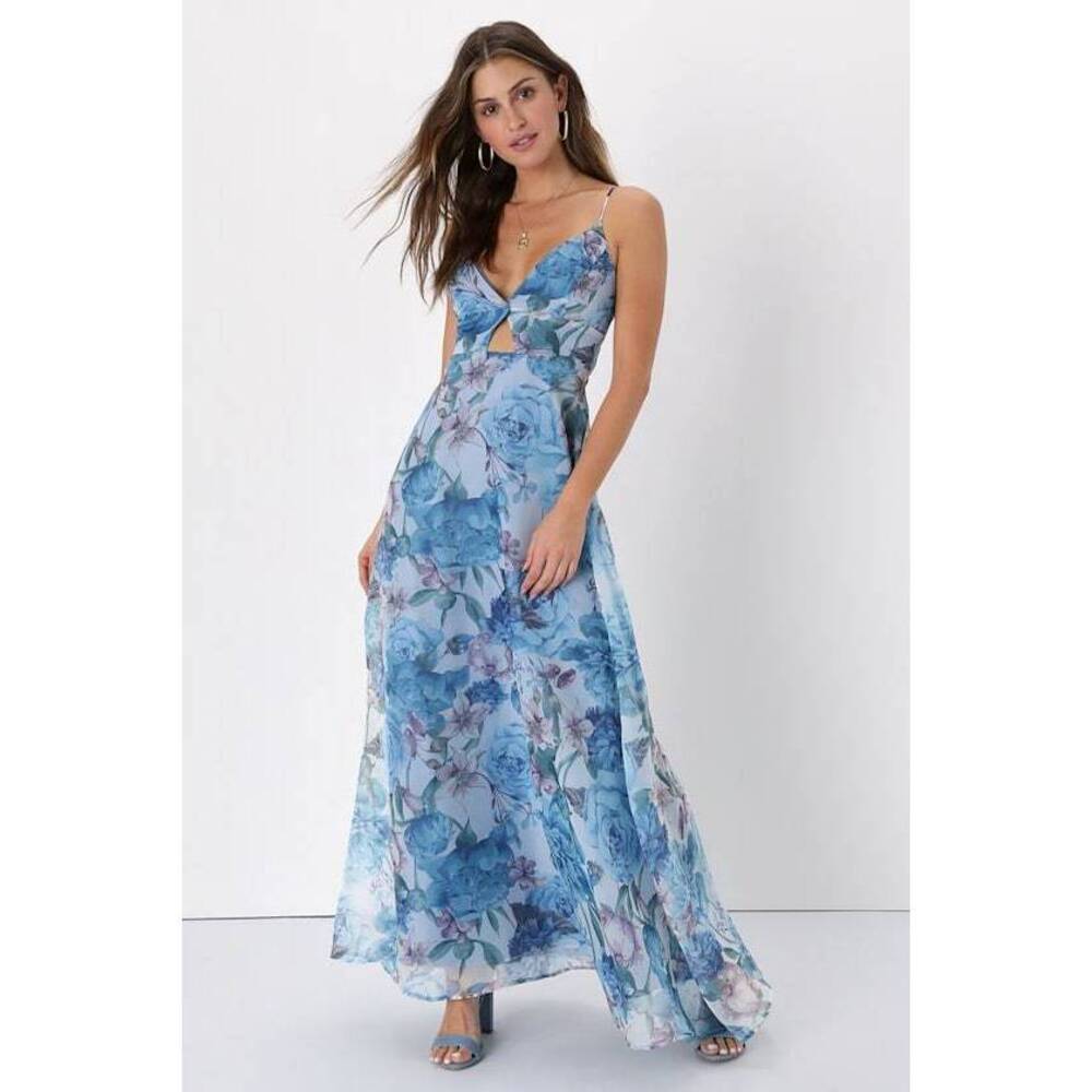 Lulus Enchanting Entrance Blue Floral Organza Keyhole Maxi Dress - Size XL